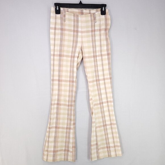 Free People Plaid Flare Pants Womens 0 Linen Blend Low Rise Retro Hippie Boho - Picture 2 of 16